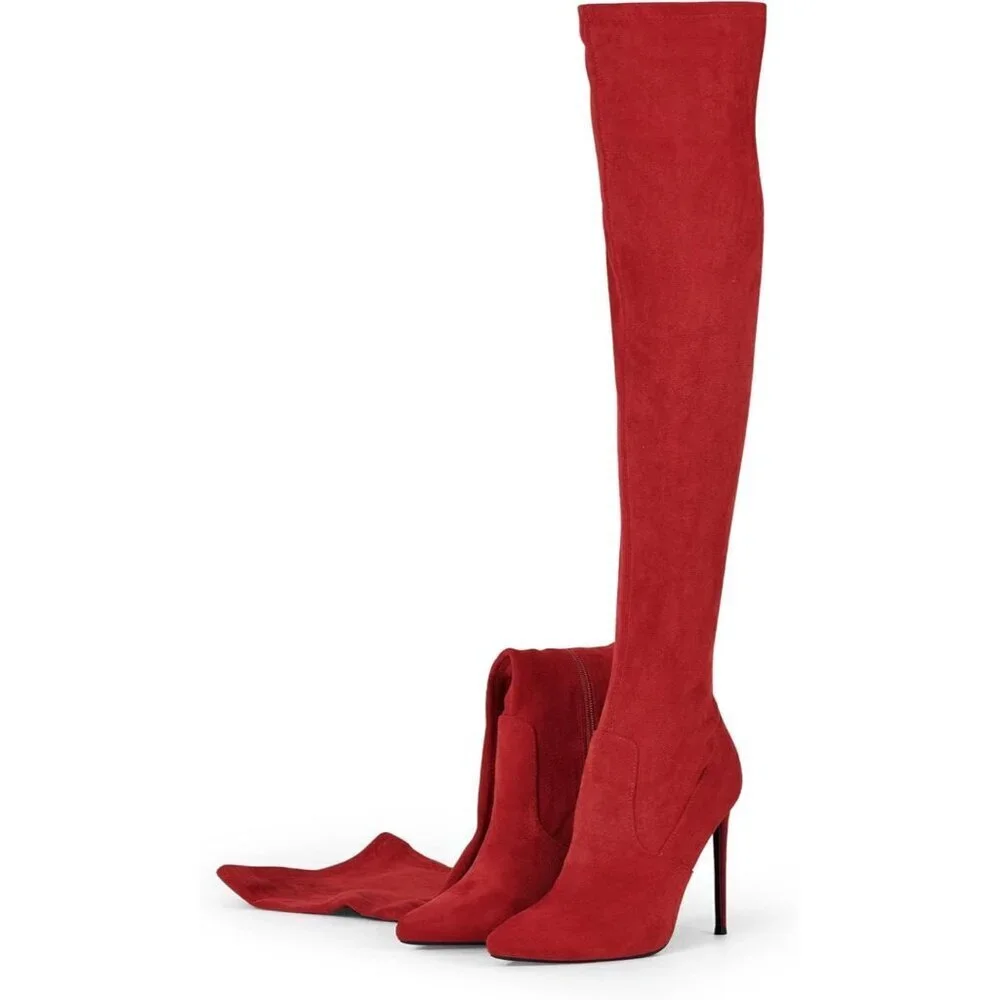 Women Red Suede Pointed Toe 4.3 inch Stilettos Thigh High Heels Stretch Boots